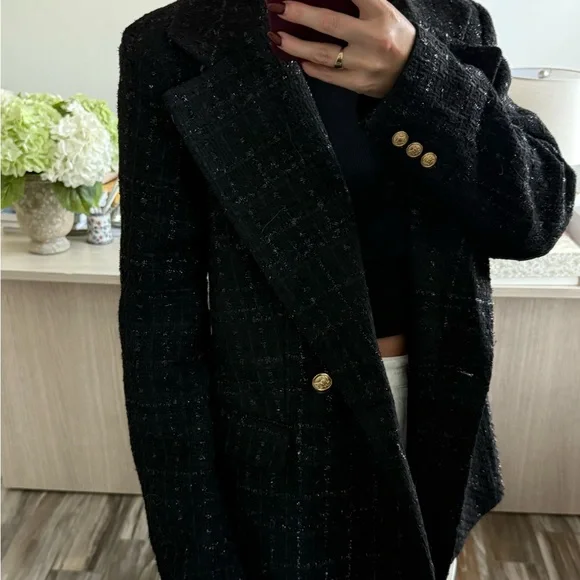 JustFab Black Tweed Blazer with Gold Buttons - Picture 3 of 9